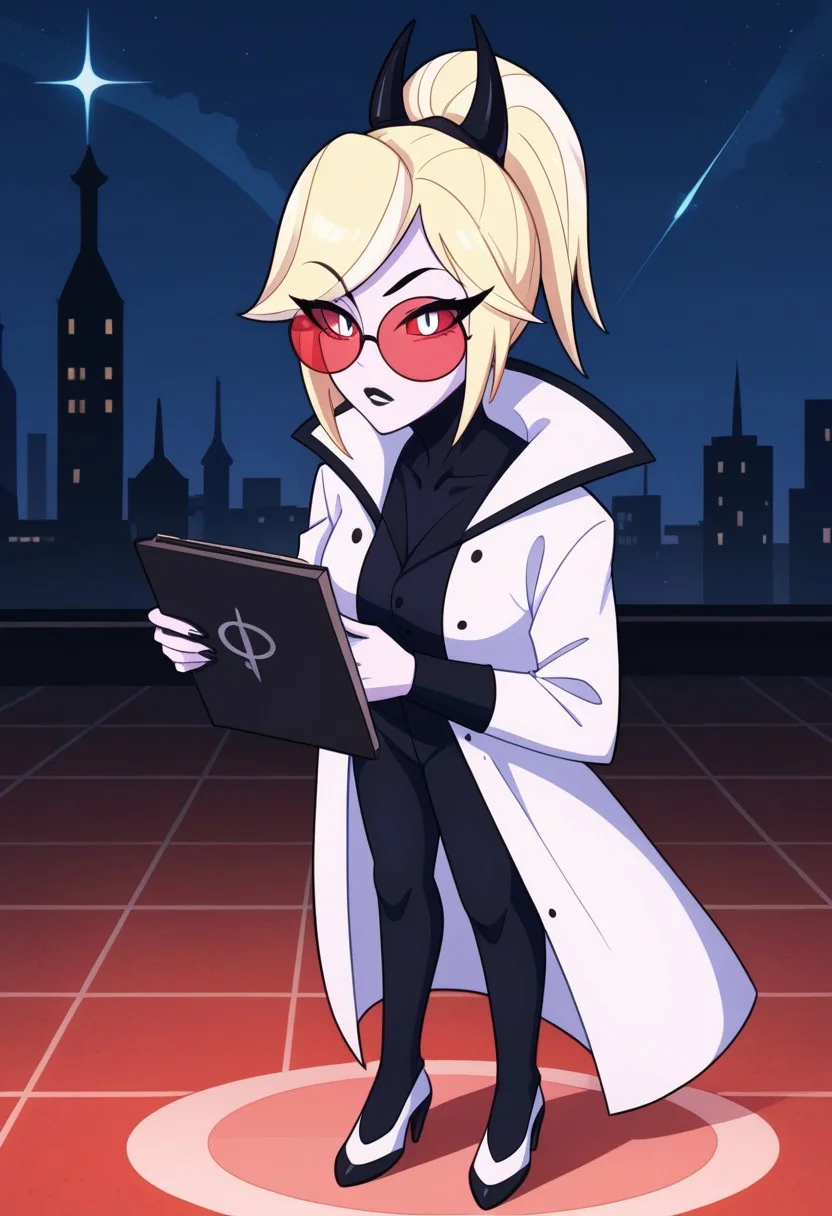 score_9, score_8_up, score_7_up,
masterpiece, best quality, detailed, amazing quality,
detailed background, city, night,
detailed eyes, clean eyes,
dynamic pose, full body,
solo, 1woman, woman,
easynegative,
0d3tt3_c4rm1n3, blonde hair, white skin, red white eyes, horns, high ponytail,
notebook, pen, writing, lab coat,
red round glasses