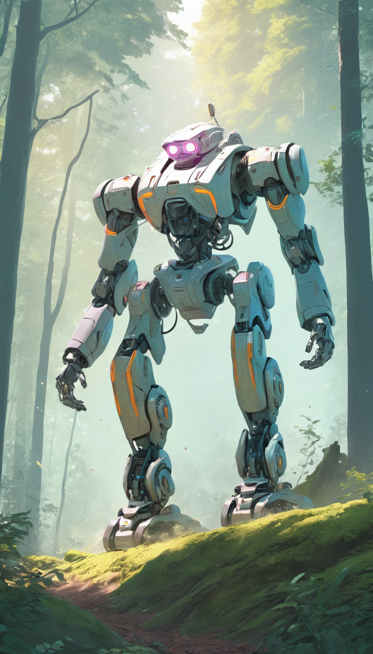 Cinematic scene, hero view, 4-legged battle robot in the forest, action pose, sci-fi, detailed background, masterpiece, best quality, high quality, highres, absurdres, pastel colors <lora:pastel_colors_xl_v1:1>