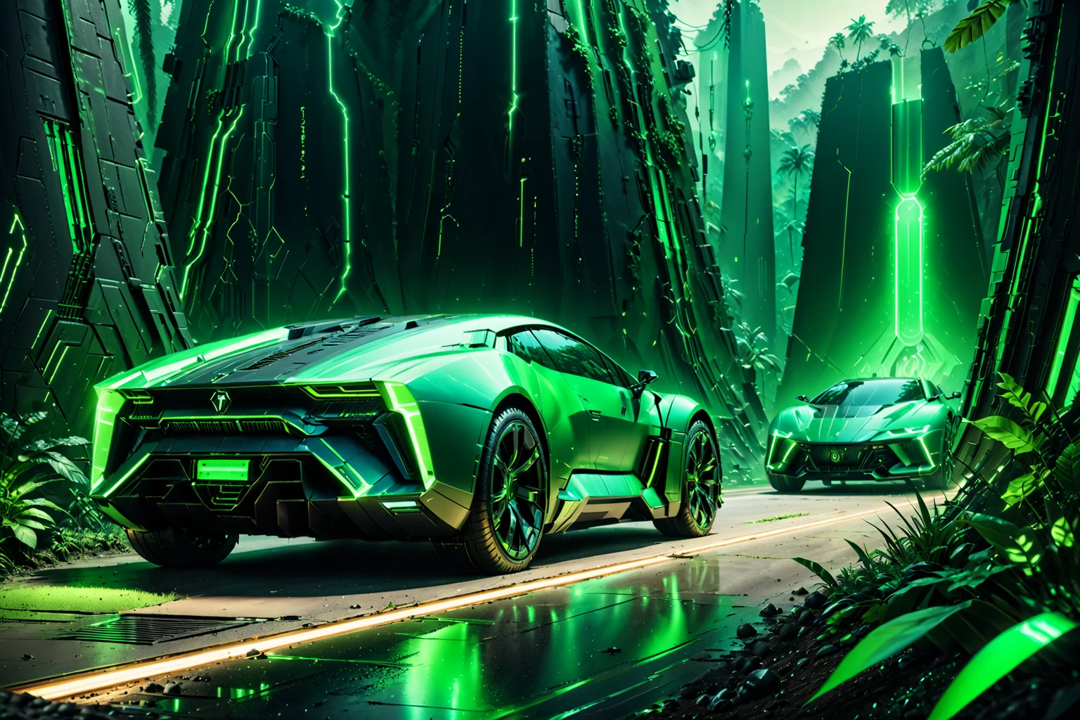 Necron, electricity, green glow, green theme, luxury car, futuristic jungle, detailed background, pastoral tones, soft glow, dynamic angle, wide shot, <lora:Necron_World_XL-000009:1>