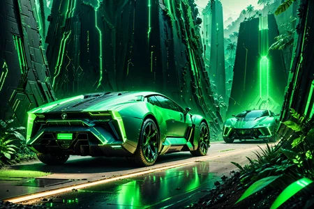 Necron, electricity, green glow, green theme, luxury car, futuristic jungle, detailed background, pastoral tones, soft glow, dynamic angle, wide shot, <lora:Necron_World_XL-000009:1>