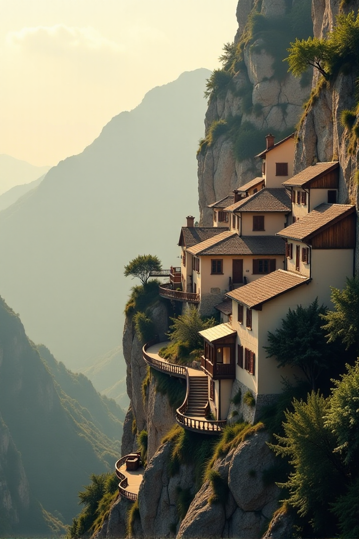 (((a village built into the side of a mountain, with wooden bridges connecting various parts of the town.))), Soft Beige, Cozy Comfort: warm lighting, beige tones, soft focus, cozy ambiance, comforting elements, gentle textures, tranquil look, cozy atmosphere, comforting aesthetics, capturing emotions, serene scenes, artistic feel, storytelling through textures, professional technique, gentle light manipulation, cozy concept, comforting styling, tranquil environment, surreal aesthetics, captivating narratives, intricate details, cozy landscape, editorial storytelling, warm glows, evoking comfort, pushing creative vision <lora:add-detail-xl:2> <lora:Cosine_freck:1>âââ