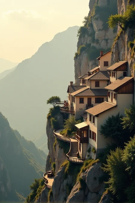 (((a village built into the side of a mountain, with wooden bridges connecting various parts of the town.))), Soft Beige, Cozy Comfort: warm lighting, beige tones, soft focus, cozy ambiance, comforting elements, gentle textures, tranquil look, cozy atmosphere, comforting aesthetics, capturing emotions, serene scenes, artistic feel, storytelling through textures, professional technique, gentle light manipulation, cozy concept, comforting styling, tranquil environment, surreal aesthetics, captivating narratives, intricate details, cozy landscape, editorial storytelling, warm glows, evoking comfort, pushing creative vision <lora:add-detail-xl:2> <lora:Cosine_freck:1>âââ
