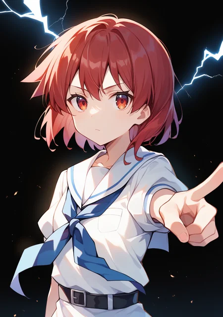 score_9, score_8_up, score_7_up, source_anime,high detail, detailed face,volumetric lighting,shiny skin,<lora:spo_sdxl_10ep_4k-data_lora_webui:0.7>,1girl,miyanaga_teru,red hair, medium hair, red eyes,<lora:miyanaga_teru:1>, school uniform,white dress,white sailor collar, blue neckerchief, short sleeves, puffy sleeves, black belt,expressionless,backlighting,lightning,simple background, black background,pointing at viewer,