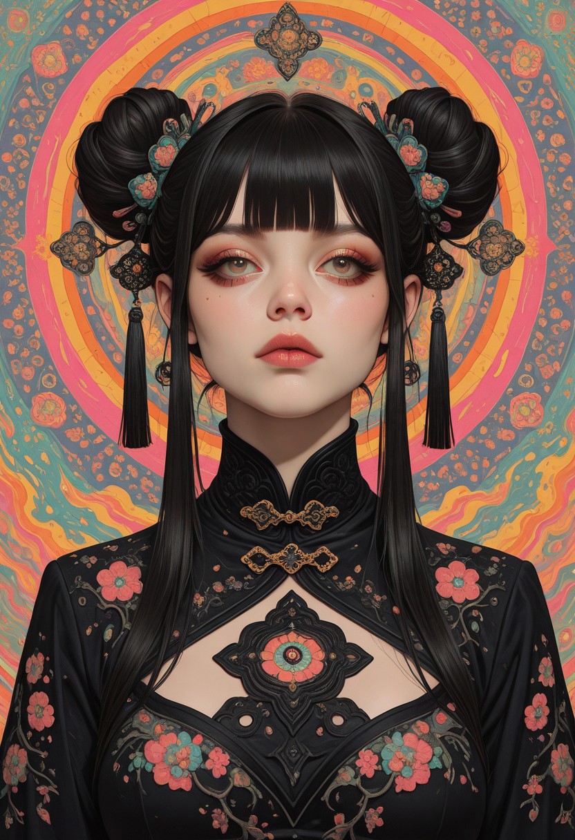 1girl, black hair, hair bun, double bun, blunt bangs, ribbon, tassel hair ornament, dynamic pose, abstract background, (4k, detailed, intricate details, best quality, amazing quality, masterpiece), vdsur, surreal, colorful background