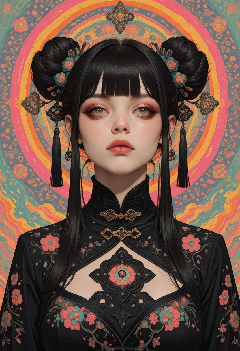 1girl, black hair, hair bun, double bun, blunt bangs, ribbon, tassel hair ornament, dynamic pose, abstract background, (4k, detailed, intricate details, best quality, amazing quality, masterpiece), vdsur, surreal, colorful background