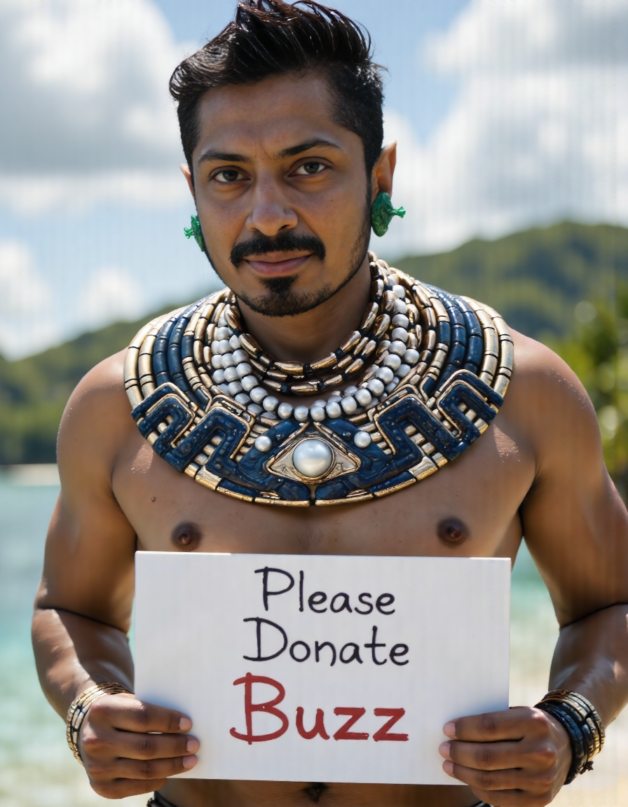 <lora:Namor_Flux-000001:1.2> The image is a high-resolution photograph showcasing a muscular, athletic man of Latin American descent with a dark complexion and short, dark hair styled in a messy, tousled manner. He has a neatly trimmed beard and mustache, and a stern, focused expression. He is adorned in elaborate, ancient Mayan-inspired attire, featuring a large, ornate collar made of gold, blue, and white beads with intricate, swirling patterns.  
 He is holding a sign that says "Please Donate Buzz"<lora:aidmaImageUpgrader:1> aidmaimageupgrader