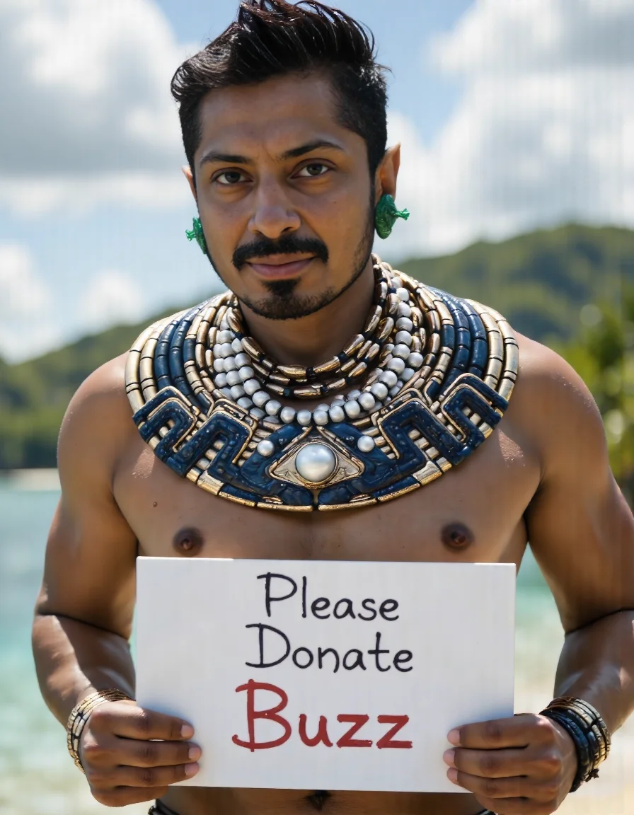 <lora:Namor_Flux-000001:1.2> The image is a high-resolution photograph showcasing a muscular, athletic man of Latin American descent with a dark complexion and short, dark hair styled in a messy, tousled manner. He has a neatly trimmed beard and mustache, and a stern, focused expression. He is adorned in elaborate, ancient Mayan-inspired attire, featuring a large, ornate collar made of gold, blue, and white beads with intricate, swirling patterns.
He is holding a sign that says "Please Donate Buzz"<lora:aidmaImageUpgrader:1> aidmaimageupgrader