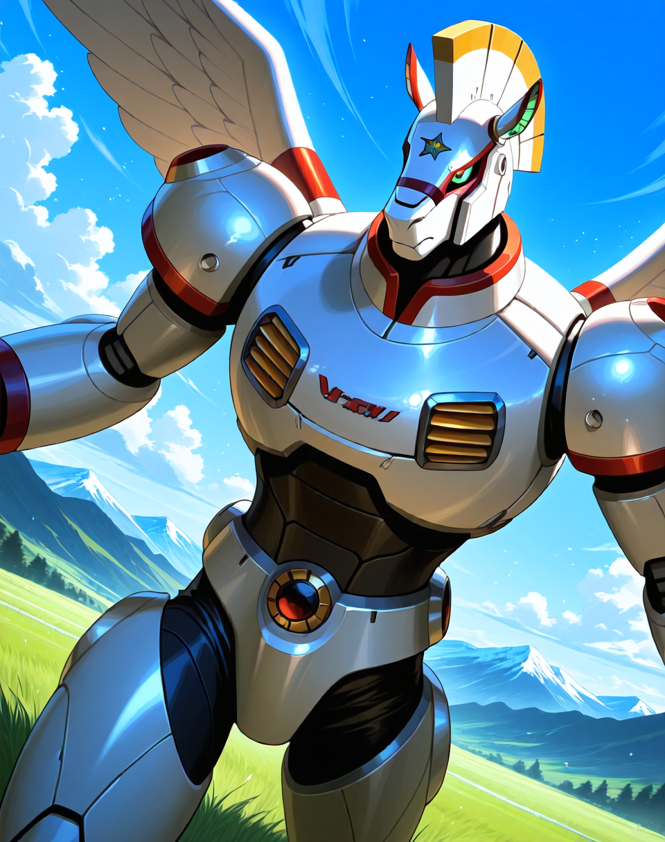 <lora:Spiral_Pegasus_(Mega_Man_X)_(Illustrious)_(AD):0.85> Spiral Pegasus, reploid, MMX, 
exterior, blue sky with clouds, mountain valley, grassy valley,
dutch angle, dynamic action, cowboy shot, 
male focus, intense shadows, dynamic shadows, intricate details, attention to details, gradient coloring, robot, bright vivid colors, deep metallic colors, glossy metal body, 
BREAK very awa, masterpiece, best quality, amazing quality, very aesthetic, highres, absurdres,
EZRealPONYXL, zPDXL, Smooth Quality, lazynsfw,