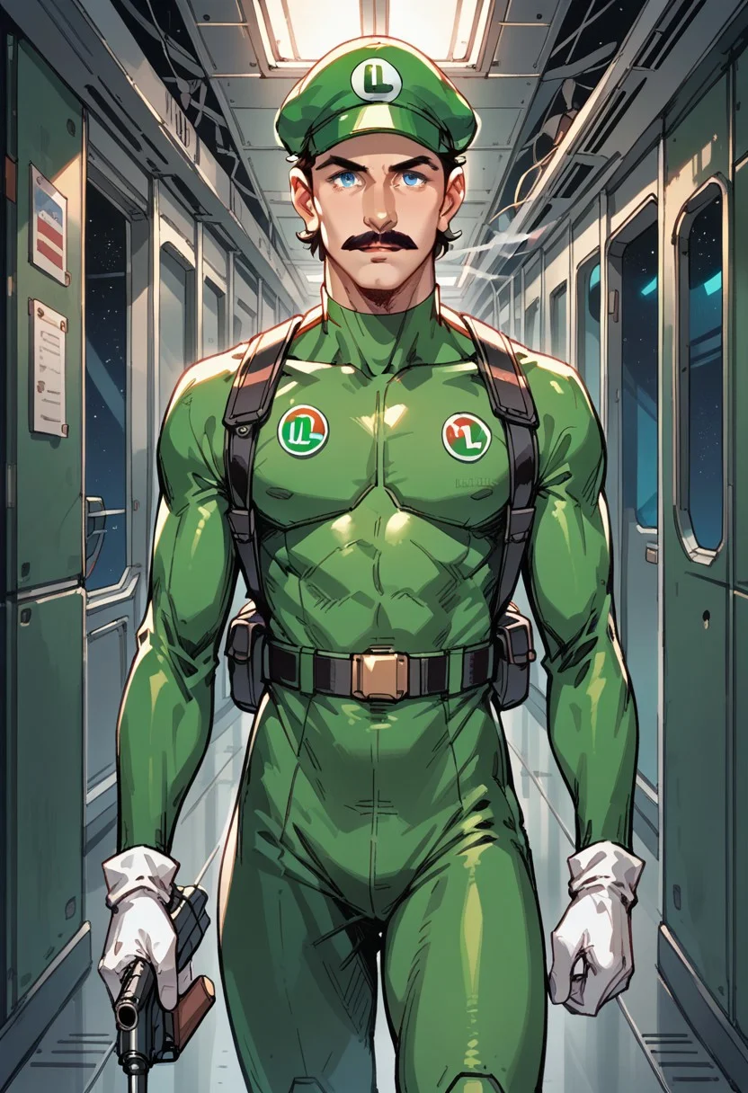 score_9, score_8_up, score_7_up, score_6_up, 1boy,Luigi,44 years old, blue and green bodysuit, tall, slim, skinny,,large black mustache, blue eyes,large nose, long face, green hat,white gloves,
blank expression, emotionless, holding a futuristic space rifle, smoking barrel, smoking gun,,
futuristic space station, space station hallway,