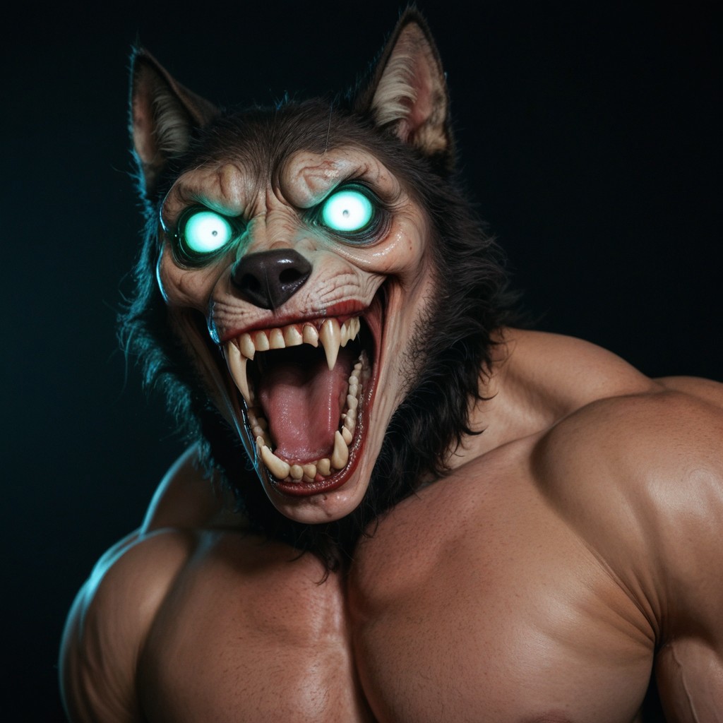 safe_pos, horror movie, still ,werewolf ,photo ,score_9_up ,score_8_up, score_7_up, action scene ,movie still ,no humans ,open mouth teeth, wolf looking at viewer realistic glowing solo glowing eyes black background horror (theme) animal focus animal sharp teeth white eyes fangs realistic nsfw muscular male muscular penis large pectorals male focus abs nipples pectorals bara best quality masterpiece 4k uncensored prefect lighting rating_explicit horror very aesthetic
