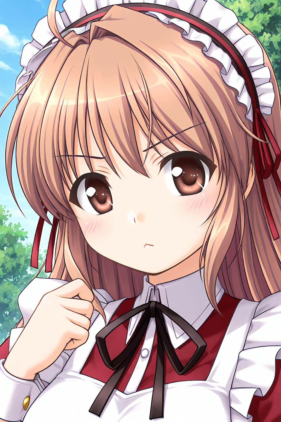 masterpiece, best quality, absurdres, official art, official style, rating general BREAK <lora:yuukiharuna_IL_v1-1:0.7>, yuuki haruna, 1girl, solo, brown eyes, brown hair, ahoge, long hair, hair intakes, medium breasts, maid, maid headdress, black hairband, frilled hairband, hairband with ribbon, red ribbon, red dress, pinafore dress, collared dress, puffy short sleeves, neck ribbon, arm ribbon, black ribbon, wrist cuffs, maid apron, white apron, frilled apron, outdoors, day, cloud, tree, blue sky, upper body, portrait, close-up,
blush, :<, closed mouth, looking at viewer, sulky look, v-shaped eyebrows