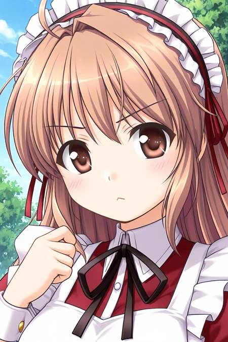 masterpiece, best quality, absurdres, official art, official style, rating general BREAK <lora:yuukiharuna_IL_v1-1:0.7>, yuuki haruna, 1girl, solo, brown eyes, brown hair, ahoge, long hair, hair intakes, medium breasts, maid, maid headdress, black hairband, frilled hairband, hairband with ribbon, red ribbon, red dress, pinafore dress, collared dress, puffy short sleeves, neck ribbon, arm ribbon, black ribbon, wrist cuffs, maid apron, white apron, frilled apron, outdoors, day, cloud, tree, blue sky, upper body, portrait, close-up,
blush, :<, closed mouth, looking at viewer, sulky look, v-shaped eyebrows