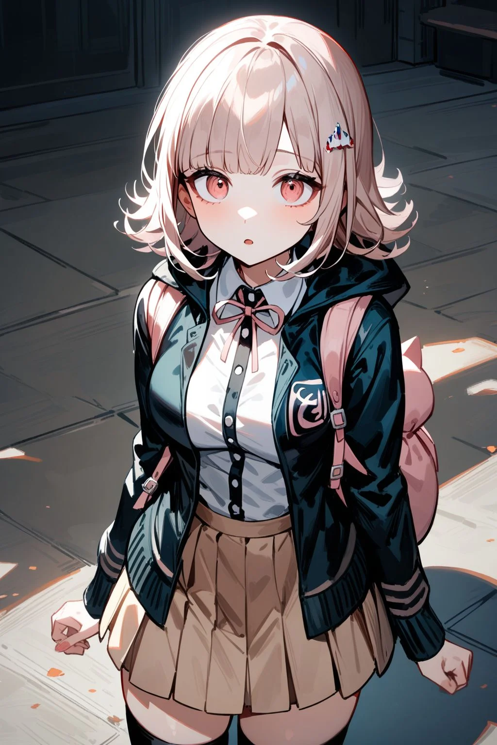 <lora:nanami_chiaki AID XL-000002:1>,(1girl:1.2),solo,nanami chiaki,hair ornament,lack jacket,long sleeves,two-tone shirt,neck ribbon,brown skirt,thighhighs,backpack,Standing on the ground,frontal,front view,Positive por,masterpiece,best quality,very aesthetic,absurdres,