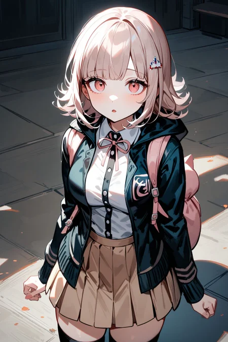 <lora:nanami_chiaki AID XL-000002:1>,(1girl:1.2),solo,nanami chiaki,hair ornament,lack jacket,long sleeves,two-tone shirt,neck ribbon,brown skirt,thighhighs,backpack,Standing on the ground,frontal,front view,Positive por,masterpiece,best quality,very aesthetic,absurdres,