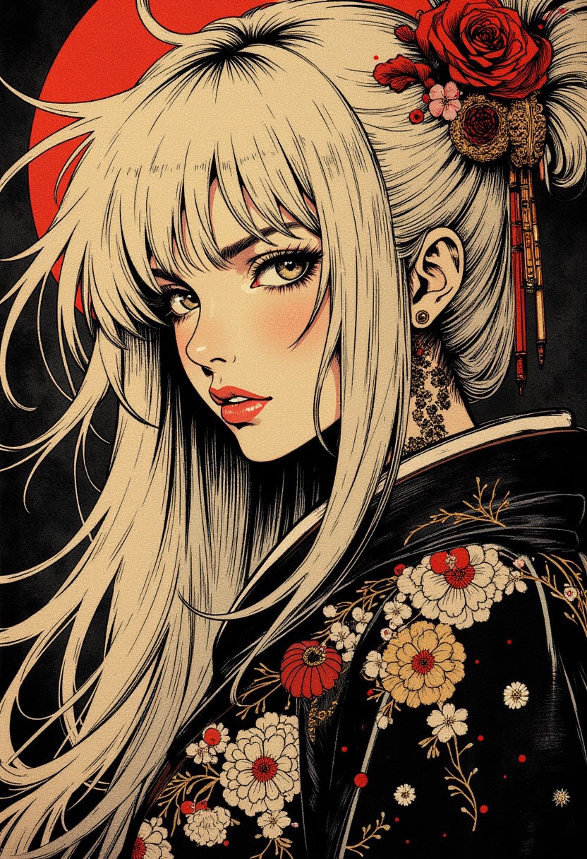 in the style of ck-mgs, nistyle, Inkplash art on rice paper, sepia, henna , Silhouette Art, magnificent, dark background, inksplash portrait of stunning japanese woman, messy long platinum hair, bangs, sidelocks, seductive, sultry, lustful, red lips, direct gaze, light hitting one side of face, inksplash abstract background