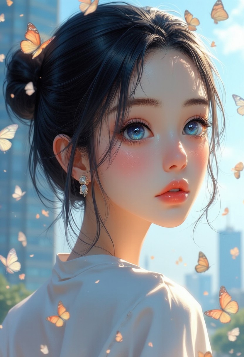 She has dark hair and striking blue eyes, with bold red lips. She is wearing a white top and is surrounded by a multitude of butterflies in various colors. Her expression is serious, as if lost in thought or admiring something beautiful. The background is a soft blue, and the light hits her face from the right, casting a gentle glow on her cheeks and accentuating the delicate blush. The image is likely a digital illustration, with the character's face and hair floating in the air, giving a sense of ethereal movement. She wears earrings and jewelry that adds to the realism of the piece, and the scene may be set against a subtle cityscape or urban backdrop.