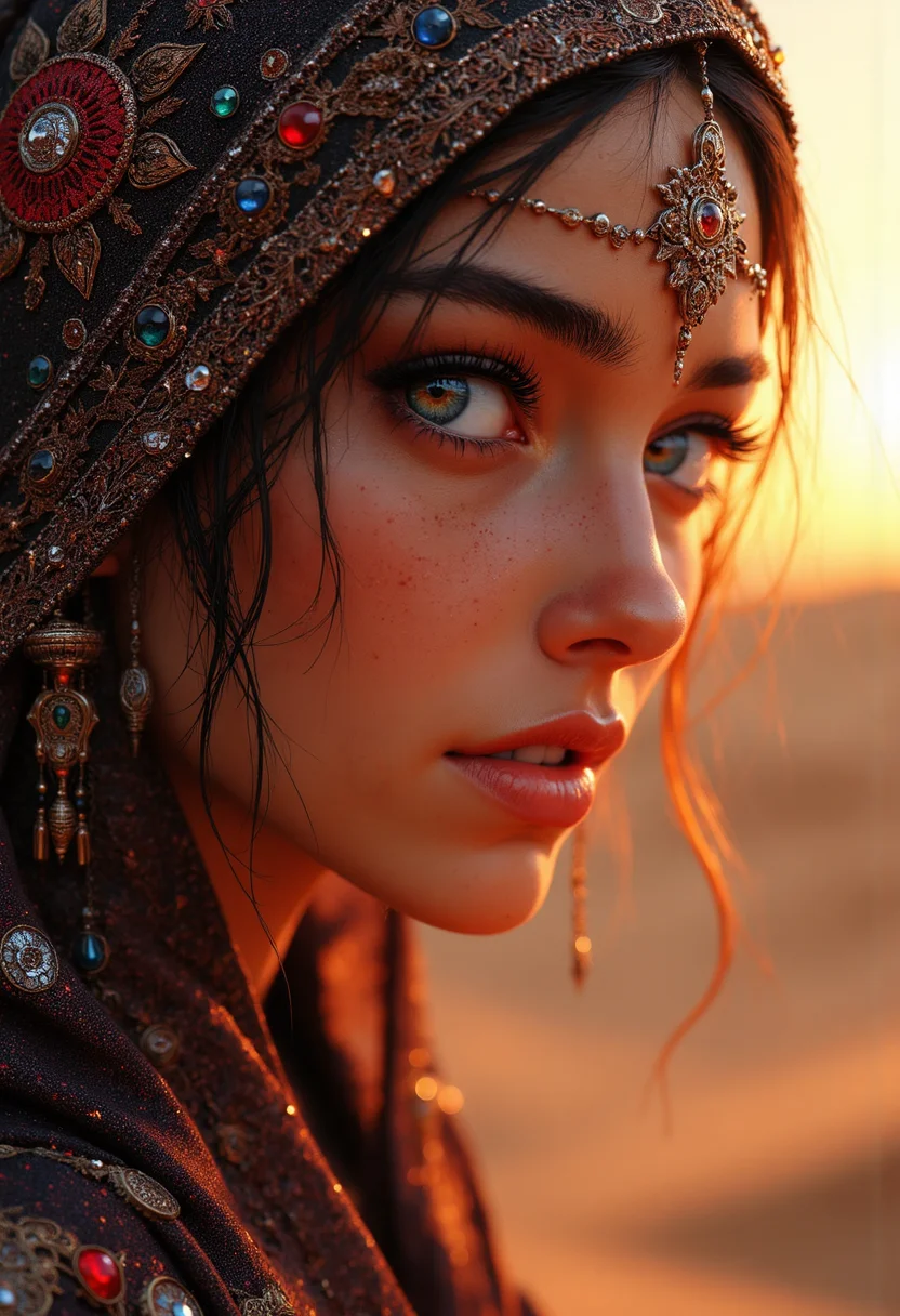 analog film photo A mesmerizing portrait capturing the essence of timeless beautyâa young Arabic woman with delicate, intricate dark tribal face paint, adorned in traditional attire y. Her deep, soulful eyes gleam with wisdom and warmth, framed by intricate patterns painted in earthy hues of red, brown, and white, each symbolizing heritage and identity. The soft, golden sunlight bathes her face, casting a warm glow that accentuates her gentle features and the delicate details of her attire, which is woven with glimmering threads
Behind her stretches a vast, serene desert landscape, where endless sand dunes meet a sky ablaze with a breathtaking sunsetâa blend of fiery orange, soft lavender, and deep indigo. Small, ethereal wisps of sand swirl in the warm breeze, capturing the beauty and magic of her world. This intimate yet powerful scene conveys both the strength and grace of an ancient culture, capturing the viewer in a timeless, heart-stopping moment of beauty, tradition, and wonder
<lora:FluxMythP0rtr4itStyle:0.6> mythp0rt <lora:FLUX-daubrez-DB4RZ-v2:0.3> DB4RZ, glow effects, godrays, Hand drawn, render, 8k, octane render, cinema 4d, blender, dark, atmospheric 4k ultra detailed, cinematic, Sharp focus, big depth of field, Masterpiece, colors, 3d octane render, 4k, concept art, trending on artstation, hyperrealistic, Vivid colors, extremely detailed CG unity 8k wallpaper, trending on CGSociety, Intricate, High Detail, dramatic <lora:anime_martzv2:1> ., intricate, detailed . magnificent, celestial, ethereal, painterly, epic, majestic, magical, fantasy art, cover art, dreamy . shallow depth of field, vignette, highly detailed, high budget, bokeh, cinemascope, moody, epic, gorgeous, film grain, grainy . award-winning, professional, highly detailed . faded film, desaturated, 35mm photo, grainy, vignette, vintage, Kodachrome, Lomography, stained, highly detailed, found footage