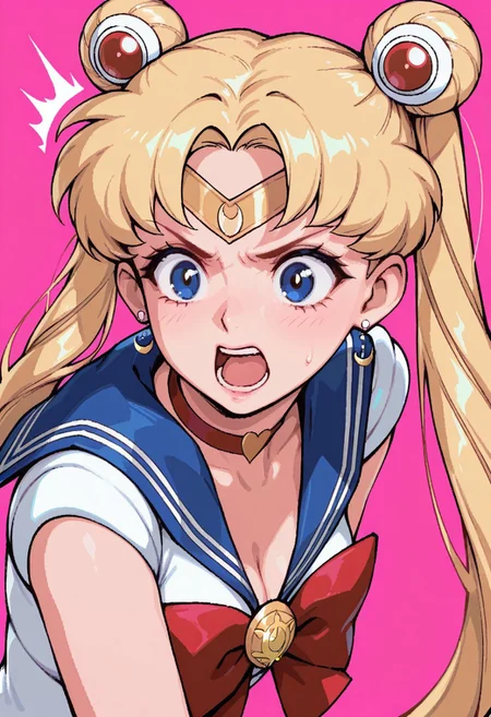 masterpiece, best quality, very aesthetic, absurdres, newest, solo, fisheye view.
sailor moon, blonde hair, blue eyes, open mouth, aggressive, surprised, angry.
pink background