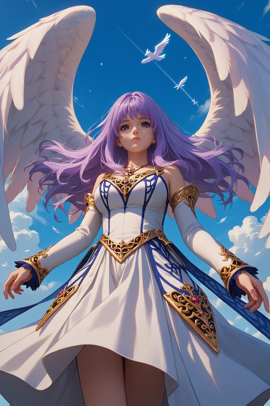 score_9, score_8_up, score_7_up, score_6_up, source_anime, 1girl, solo, <lora:ysreah-pdxl-nvwls-v1-000005:1> angelReah, lavender hair, long hair, purple eyes, angel wings, white dress, detached sleeves, necklace, big breasts, floating, midair, clouds, blue sky, looking at you, from below