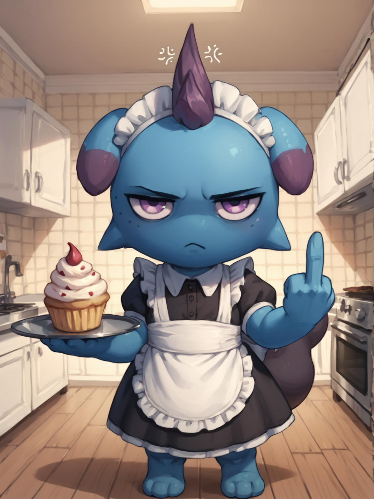 score_9, score_8_up, score_7_up, score_6_up, score_5_up, score_4_up, best quality, highres, detailed background, kitchen BREAK
<lora:Depresso:1> depresso, blue body, purple eyes, looking at viewer, annoyed, middle finger, maid uniform, holding tray, cupcake, standing