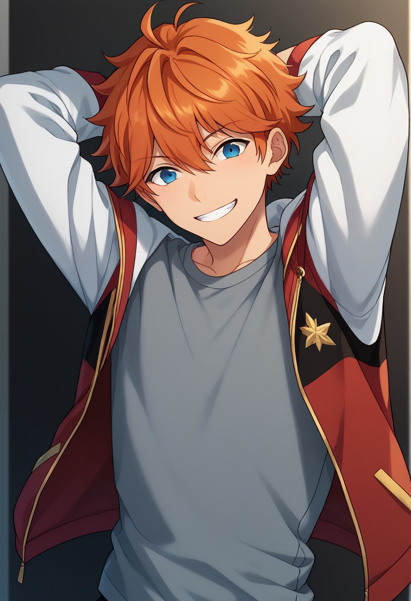 score_9, score_8_up, score_7_up, source_anime, highly detailed, 
subaruake, 1boy, male focus,  smile, blue eyes, orange hair, solo, jacket, looking at viewer, arms behind head, grin, pants, grey shirt, shirt, track jacket, red jacket, white sleeves, upper body,
indoor,