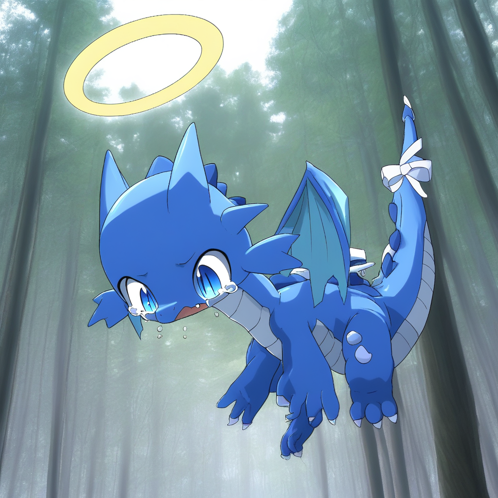 halo, tears, white background, white eyes, crescent moon, dragon tail, looking down, jumping, fang out, blue eyes, horse, forest, ribbon, hood
