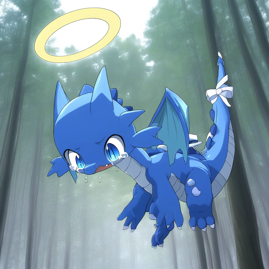 halo, tears, white background, white eyes, crescent moon, dragon tail, looking down, jumping, fang out, blue eyes, horse, forest, ribbon, hood