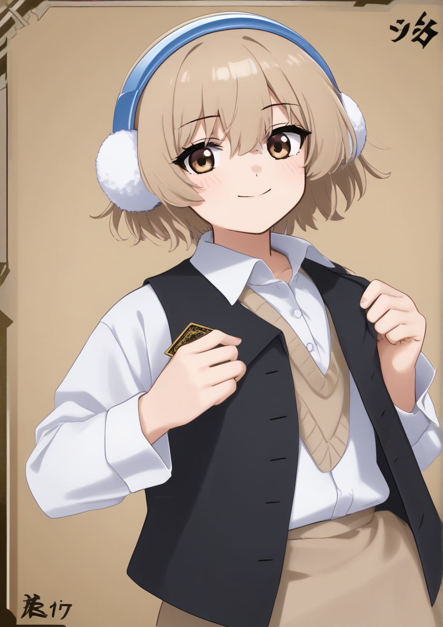 1girl, toyosatomimi no miko, huge breast, , alternate costume, black vest, brown eyes, buttons, card, closed mouth, collared shirt, cowboy shot, earmuffs, hair between eyes, holding, holding card, light brown hair, long sleeves, pointy hair, shirt, short hair, smile, solo, vest, white shirt,  handfixer <lora:HandFixer_pdxl_Incrs_v1:1>  <lora:Fried_Bocky:0.9>