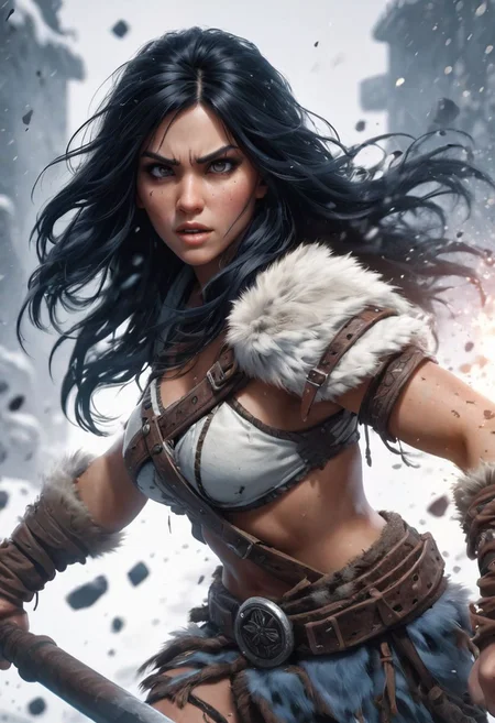 roguelike dnd, female barbarian black hair, white background, beautiful, adventure core, Cinematic lighting, Volumetric lighting, Epic composition, Photorealism, Bokeh blur,