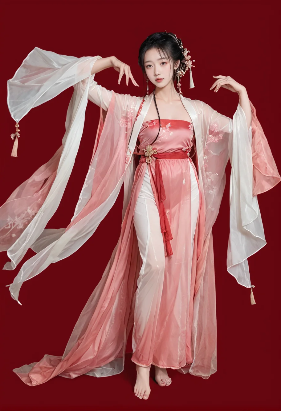 red background,1girl,solo,barefoot,chinese clothes,,ruanyi0758,hanfu,pink dress,see-through,shawl,wide sleeves,jewelry,<lora:0758 Peach Blossom Hanfu_v1_pony:1>, score_9,score_8_up,score_7_up,,8k,1girl,solo,