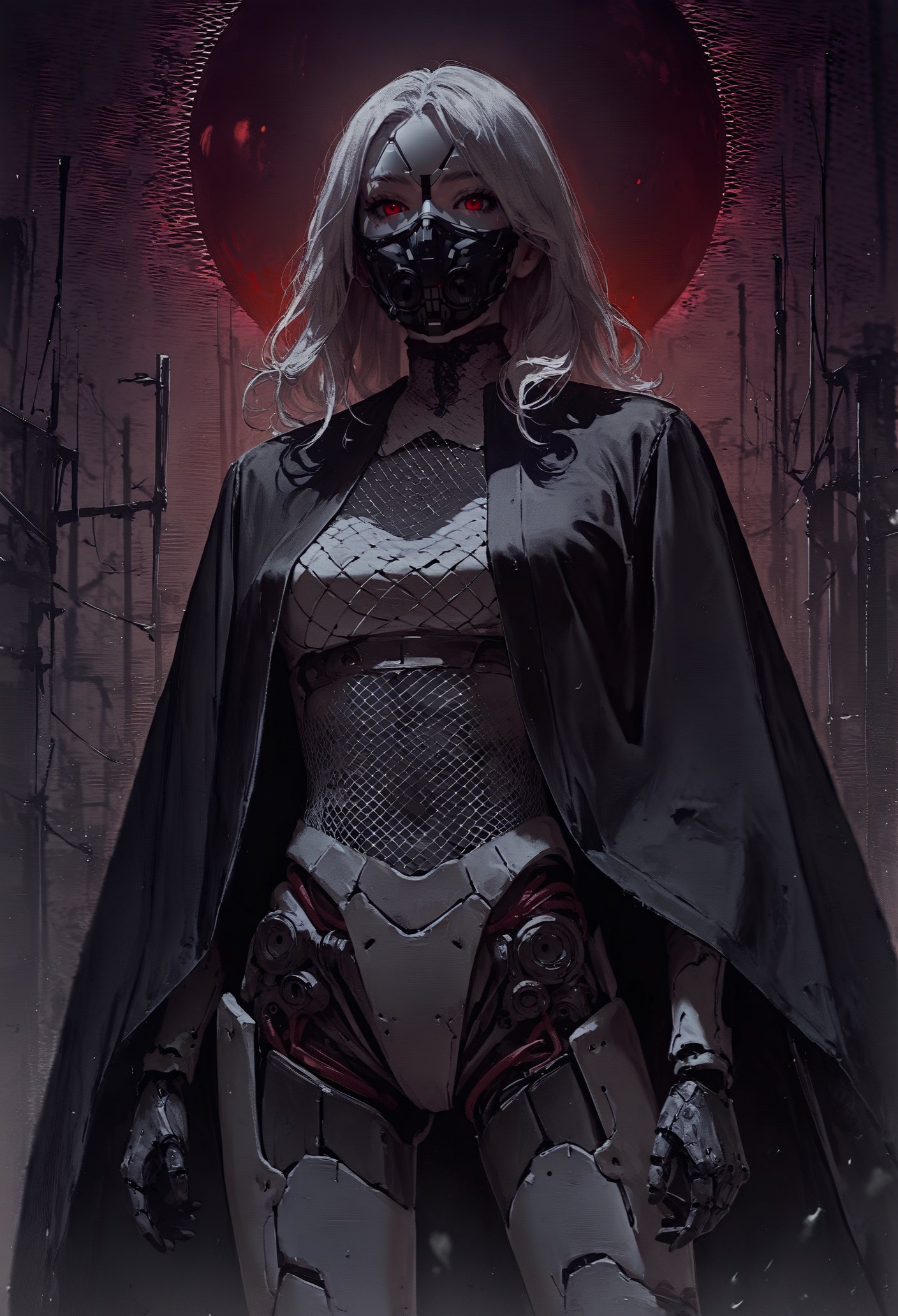 score_9, score_8_up, score_7_up,  source_anime, (bulky design), ((mechanical body, neon face mesh, mesh mask, fully white body)), night, detailed background, realistic, black cloak, bright background, red moon in background, astral, long white hair  <lora:pony/twilight_style:0.8> <lora:pony/alien_concept_art:0.3> <lora:sdxl/sinfully_stylish_sdxl:0.4>