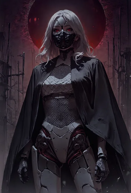 score_9, score_8_up, score_7_up,  source_anime, (bulky design), ((mechanical body, neon face mesh, mesh mask, fully white body)), night, detailed background, realistic, black cloak, bright background, red moon in background, astral, long white hair  <lora:pony/twilight_style:0.8> <lora:pony/alien_concept_art:0.3> <lora:sdxl/sinfully_stylish_sdxl:0.4>