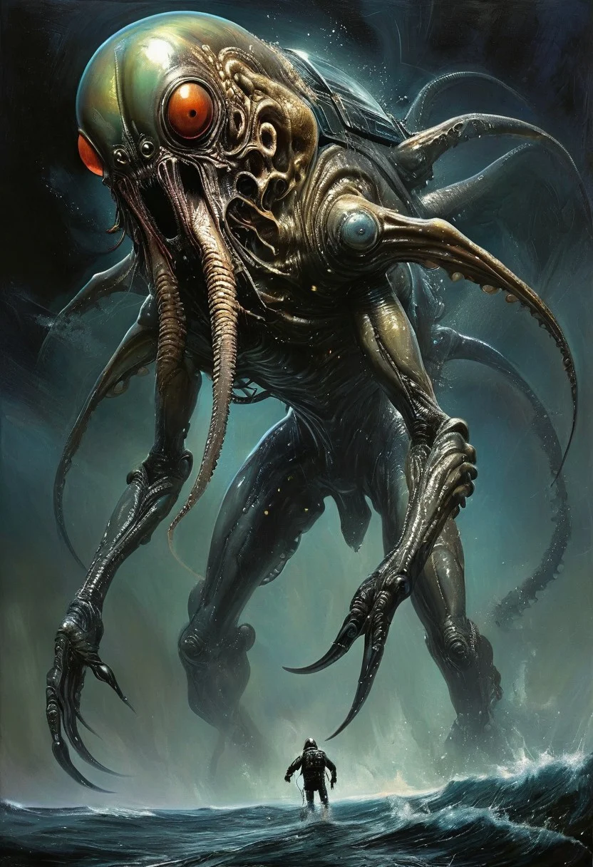 Boris Vallejo realistic oil painting, retro artstyle, score_9, score_8_up, score_9_up, very detailed, ultra realistic, (best quality) very detailed masterpiece, full body picture of a futuristic squid-like alien creature in front of an alien mount, big mouth with big fangs, very dark background, very dramatic lighting, much shadow, low saturation, full body, realistic realistic, realism, photo realistic oil painting, photo realistic painting