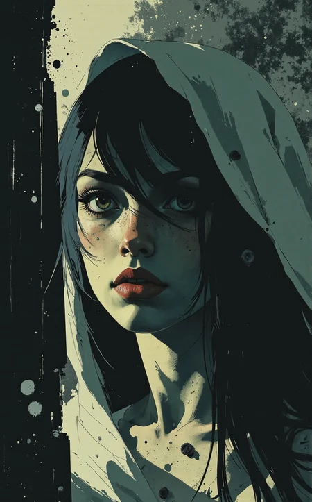 Off-center composition, wide-angle with subject facing away, The image is a close-up of a dark and eerie scene. The focal point of the image is the face of a woman, who appears to be in a state of contemplation. Her face is covered in a thick layer of fog or mist, giving her an ethereal and mysterious appearance. Her eyes are wide open, and her eyebrows are furrowed. Her lips are slightly parted, as if she is deep in thought. Her hair is long and flowing, cascading down her back. The background is dark and gloomy, with a hint of light shining through the fog, creating a mysterious and eerie atmosphere. The woman's body is partially obscured by a large, white veil that covers her head and shoulders. The overall mood of the scene is eerie and mysterious., dark and dim light, anime artwork comic fantasy art by Makoto Shinkhai, horror art by John Kenn Mortensen, , Post-it note art, dark and whimsical illustrations, 2D flat anime, spiritual themes, colorful, picturesque landscapes . graphic illustration, comic art, graphic novel art, vibrant, highly detailed . anime style, key visual, vibrant, studio anime, highly detailed