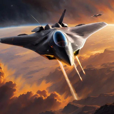 a single fighter jet flying in the sky just feet above a thick cloud cover below the the jet, sun behind in the background bathing everying in the suns color yellow and orange glow, Stelth v wing lockheed concept art, 5th gen fighter, b - 2 bomber, boeing concept art, top secret space plane, us airforce, fighter drones, military drone, by Jason Felix, roswell air base, boeing concept art painting, nasa, by Robert Peak, by John Luke, in the near future, Movie Still, Realism, Hyperrealism, masterpiece, super detail, best quality, award winning, highres, 4K, 8k, 16k