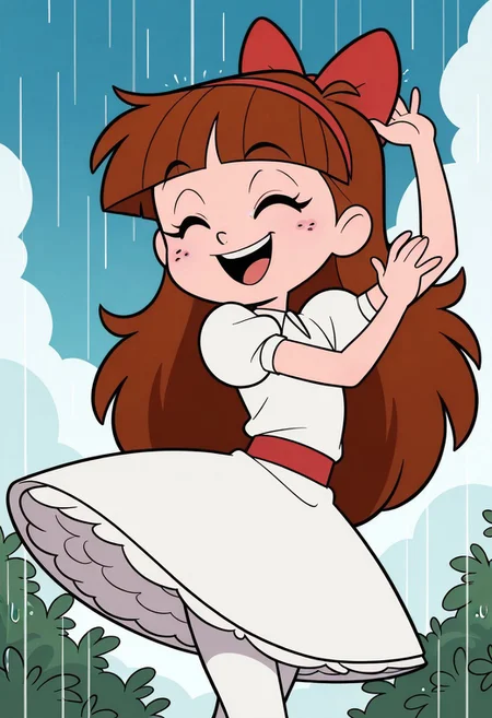 masterpiece, best quality, good quality, little girl, angel, shortstack, 1girl, solo, freckles, blue eyes, eyelashes, perfect eyes, long hair, brown hair, straight bangs, red hairband, red hairbow, white dress, white collared dress, short sleeves, puffy sleeves, red belt, big white skirt, white petticoat, white pantyhose, silver shoes, dancing, eyes closed, smile, open mouth, outdoors, rain, retro artstyle, cowboy shot, upper body,