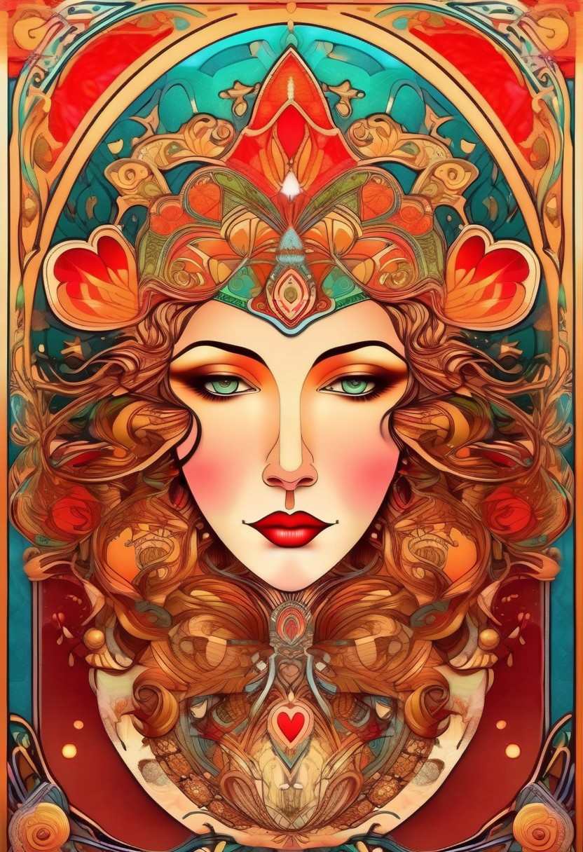 Playing card Queen of Hearts face card. Unique, artistic art nouveau, Alphonse Mucha Style page, lion king style art, colorful, detailed, 8k
