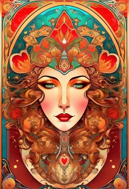 Playing card Queen of Hearts face card. Unique, artistic art nouveau, Alphonse Mucha Style page, lion king style art, colorful, detailed, 8k