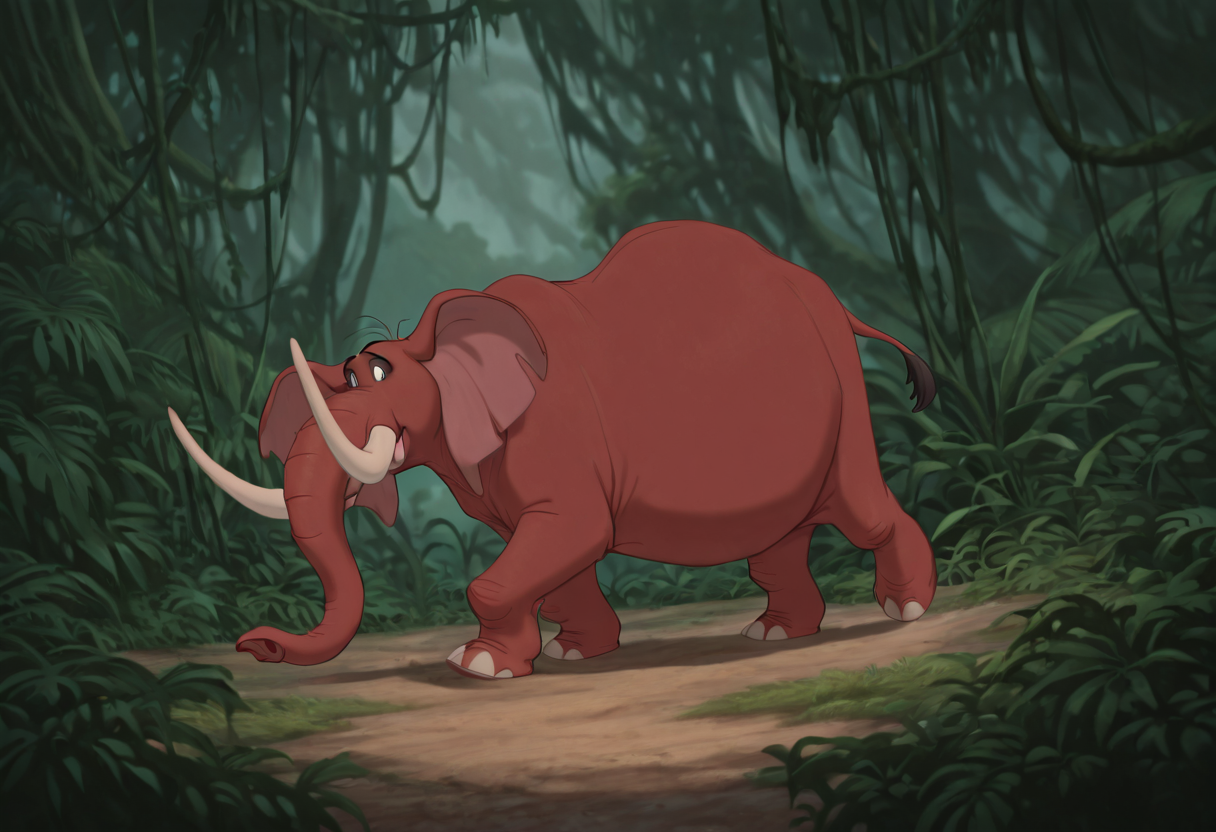 (masterpiece, best quality:1.2), amazing quality, very aesthetic, 32k, absurdres, extremely beautiful, newest, scenery, extra details, (sharp detailed:1.2),
(tantor:1.2, feral male elephant:1.2), tantorelephant, black eyes, orange skin, trunk, trunk nose, elephant trunk, tuaks, long tusks, elephant tusks, tail,
jungle and trees in the background, 
 <lora:Furry_Anthro_Lora_Tantor_Tarzan:0.8>
 <lora:Eleptors_Furry_OC_Loras_Eleptor:0.2>