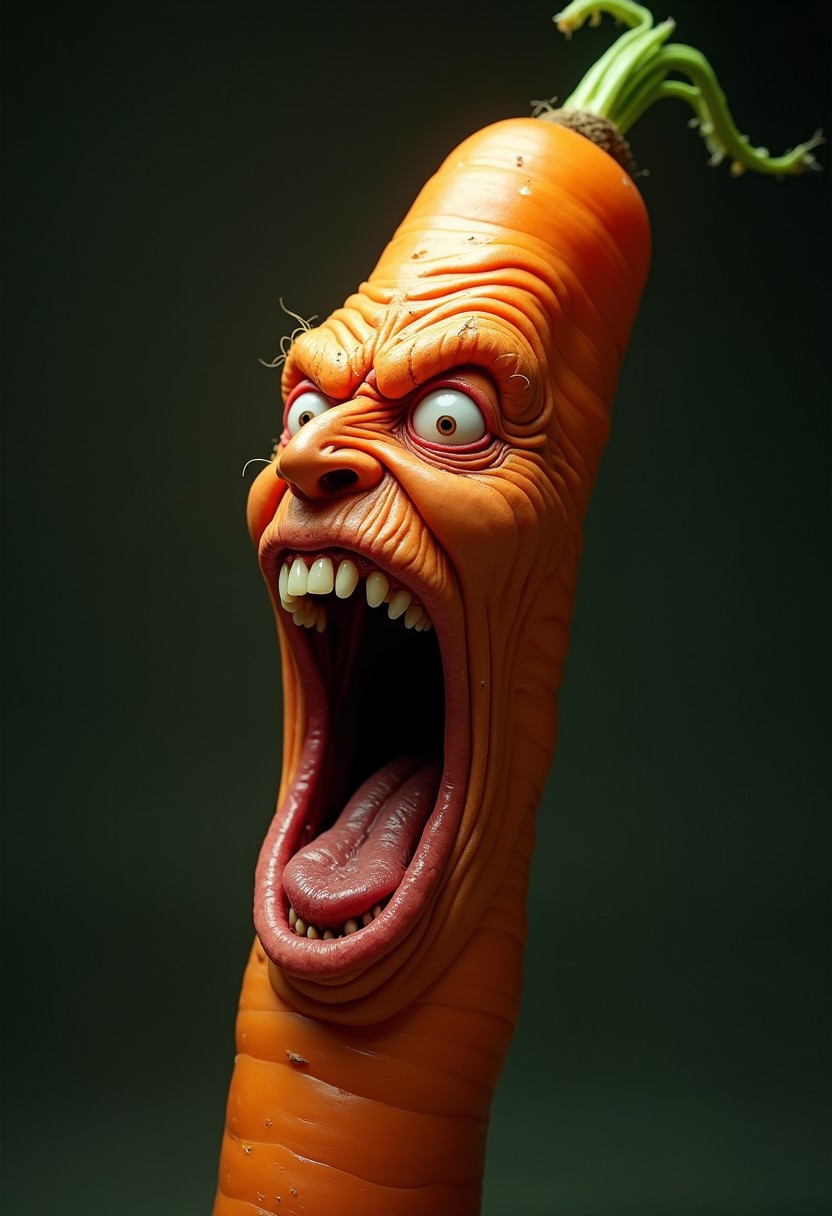 Hyperrealistic carrot with a grotesquely anthropomorphic face, screaming in intense rage or agony. Elongated cylindrical shape with textured orange skin, transitioning seamlessly into wrinkled, flesh-like features. Eyes bulge outward, bloodshot and strained, with pale, watery flesh forming eerie eye sockets. Brow deeply furrowed, creating harsh lines across the cucumber's surface. Nose scrunched and flared, nostrils clearly visible. Mouth stretched impossibly wide, revealing rows of human-like teeth and a moist, glistening tongue. Lips pulled back in a snarl, exposing gums. Cheeks contorted, emphasizing the screaming expression. Skin pores and fine hairs visible on the face portion, blending into the more typical carrot texture with its tiny bumps and ridges. Vivid green coloration with subtle variations in tone, highlighting the vegetable's curvature. Harsh lighting from above casts dramatic shadows, accentuating the three-dimensional quality and the grotesque facial features. Background is a neutral grey gradient, focusing attention on the surreal, nightmarish carrot creature.