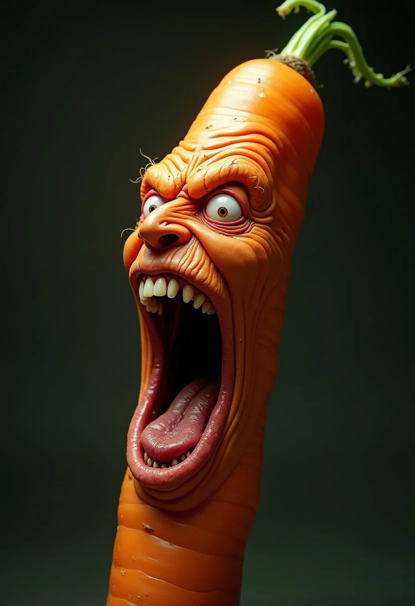 Hyperrealistic carrot with a grotesquely anthropomorphic face, screaming in intense rage or agony. Elongated cylindrical shape with textured orange skin, transitioning seamlessly into wrinkled, flesh-like features. Eyes bulge outward, bloodshot and strained, with pale, watery flesh forming eerie eye sockets. Brow deeply furrowed, creating harsh lines across the cucumber's surface. Nose scrunched and flared, nostrils clearly visible. Mouth stretched impossibly wide, revealing rows of human-like teeth and a moist, glistening tongue. Lips pulled back in a snarl, exposing gums. Cheeks contorted, emphasizing the screaming expression. Skin pores and fine hairs visible on the face portion, blending into the more typical carrot texture with its tiny bumps and ridges. Vivid green coloration with subtle variations in tone, highlighting the vegetable's curvature. Harsh lighting from above casts dramatic shadows, accentuating the three-dimensional quality and the grotesque facial features. Background is a neutral grey gradient, focusing attention on the surreal, nightmarish carrot creature.