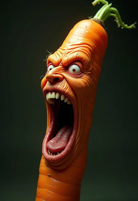 Hyperrealistic carrot with a grotesquely anthropomorphic face, screaming in intense rage or agony. Elongated cylindrical shape with textured orange skin, transitioning seamlessly into wrinkled, flesh-like features. Eyes bulge outward, bloodshot and strained, with pale, watery flesh forming eerie eye sockets. Brow deeply furrowed, creating harsh lines across the cucumber's surface. Nose scrunched and flared, nostrils clearly visible. Mouth stretched impossibly wide, revealing rows of human-like teeth and a moist, glistening tongue. Lips pulled back in a snarl, exposing gums. Cheeks contorted, emphasizing the screaming expression. Skin pores and fine hairs visible on the face portion, blending into the more typical carrot texture with its tiny bumps and ridges. Vivid green coloration with subtle variations in tone, highlighting the vegetable's curvature. Harsh lighting from above casts dramatic shadows, accentuating the three-dimensional quality and the grotesque facial features. Background is a neutral grey gradient, focusing attention on the surreal, nightmarish carrot creature.