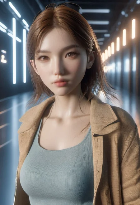 Graphics Unreal Engine 5, 3D Modeling, UV Mapping, Texture, Rendering, Graphics quality ray tracing, Particle System, 3D Manufacturing Formats, A character with an hourglass body wearing shorts clothes with high to low view, a colder color grading, cinematic color, cinematic lightings, fresh colors, hot,sexy,breast,thunder lights. 4k resolution, ultra HDR, and ghostly beauty, glowing clones