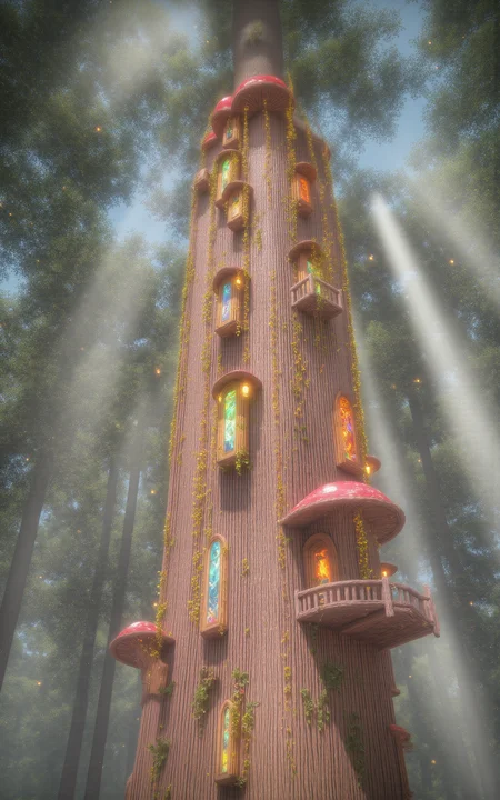 A whimsical treehouse built into the trunk and branches of a massive ancient tree,surrounded by an enchanted glowing forest. Golden sunlight filters through the dense canopy,casting soft light beams and floating golden dust particles through the air. The treehouse features fantasy architecture: glowing mushrooms,stained glass windows,vine-covered wooden beams,and delicate balconies. Full panoramic wide-angle view showing the treehouse nestled within the magical forest,dreamy and luminous daytime atmosphere,<lora:aidmaMJ6.1_v0.5_3:0.6>,aidmaMJ6.1,<lora:detailifier_sd3.5:1>,detailifier,