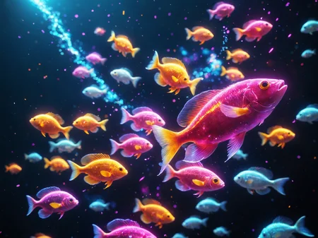 glowneon, a glowing pack of a million colorful tropical fish swimming into space ocean, sparks, blue, white, pink