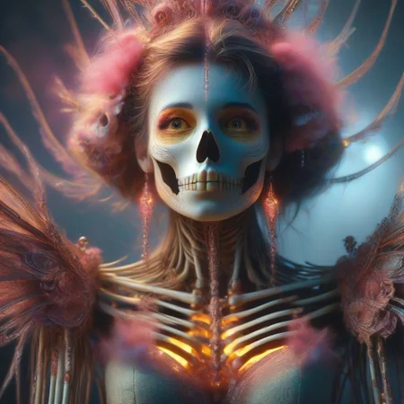 Intricately detailed skeleton voodoo woman,  Vibrant earthen color scheme, masterpiece, best quality, ultra detailed, hires, 8k uhd, cinematic lighting