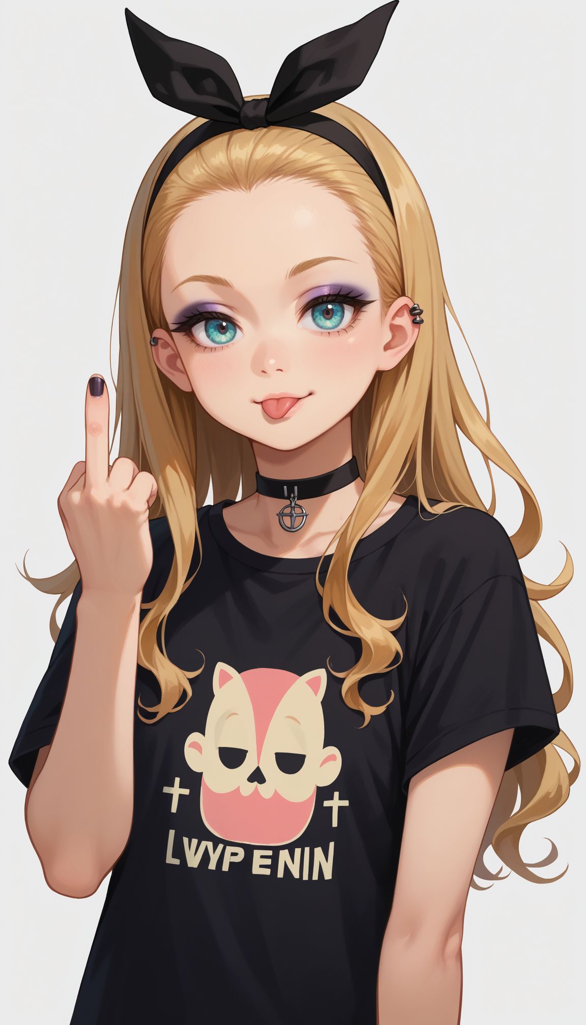 score_9, score_8_up, score_7_up, score_6_up, , solo, 20yo woman, (Beuty:1.1) , (cute:1.3), ,perfecteyes , seductive smile,perfect (photo realistic:1.2), (simple background:1.1), 
 <lora:Kurumi:1> kurumi \(lycoris recoil\), blonde hair, hair ribbon, long hair, black ribbon, black hairband, forehead, black shirt, t-shirt, black choker, goth, eyeliner, eyeshadow double middle finger, tongue out,