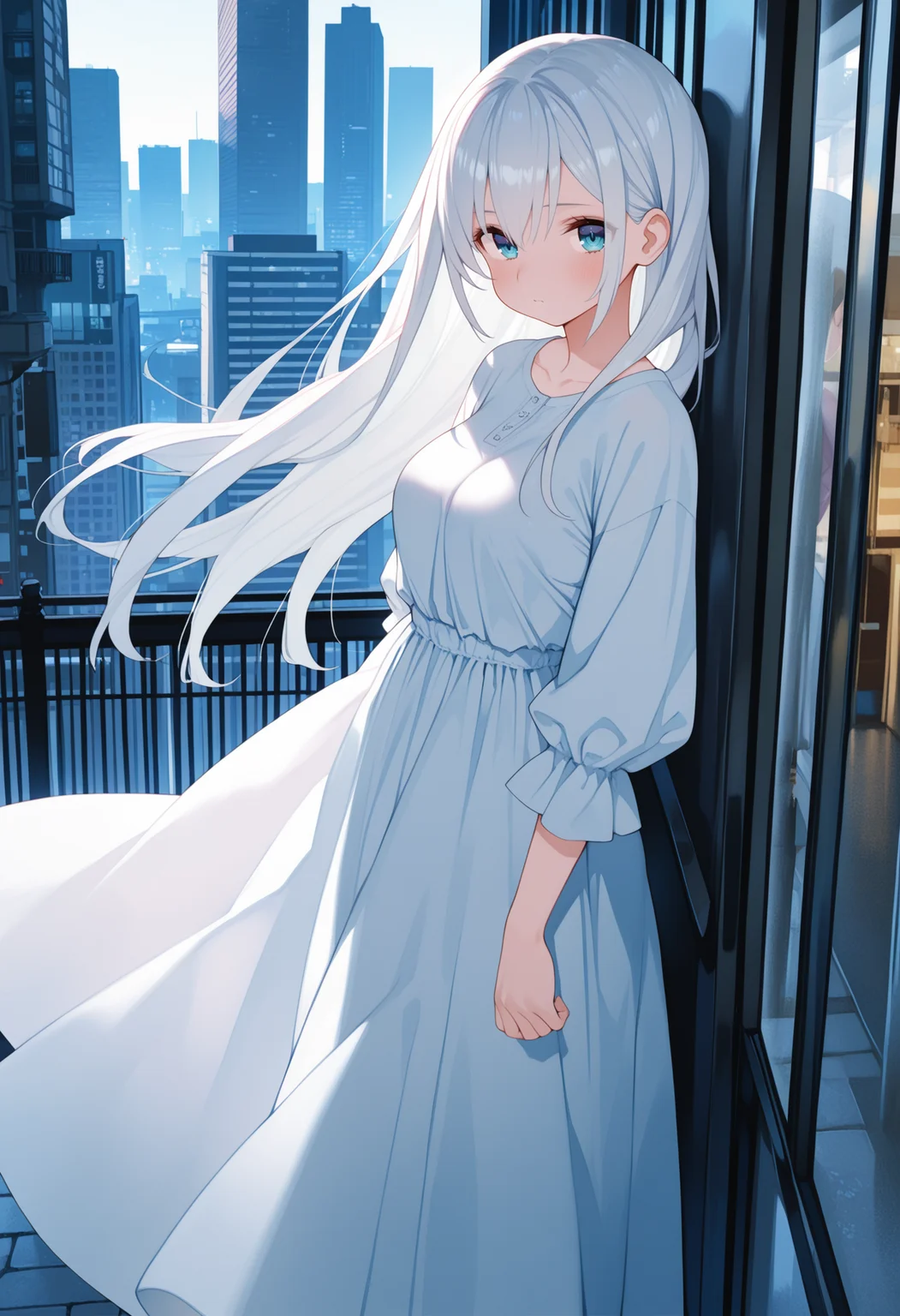 (best quality , masterpiece, good quality), very aesthetic, absurdres, general, sfw, 1girl, solo, white hair, long hair, blue eyes, long dress, outdoors, city, building, gaoustyle, <lora:gaoustyle_ilxl:1>,