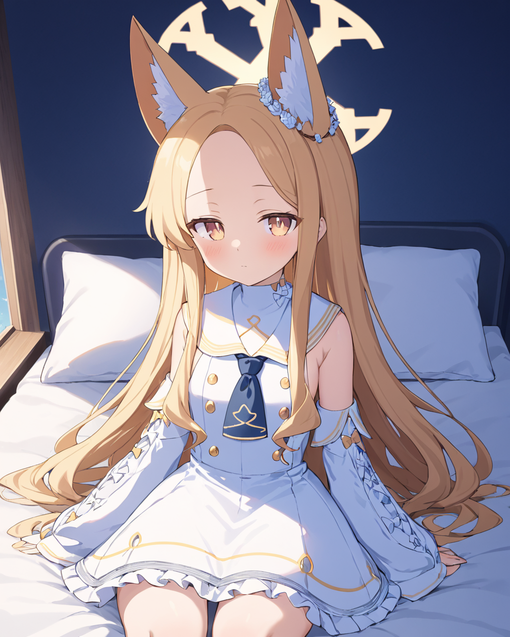 seia \(blue archive\),1girl, solo, detached_sleeves, bed, sitting, sleeves_past_fingers, white_dress, looking_at_viewer, striped, blush, halo, on_bed, forehead, sleeveless_dress, animal_ear_fluff, white_sailor_collar, hair_flower, short_necktie
<lora:seia_(blue_archive)_image1153_2023-12-03-000014:1>halo. gorgeous,key visual, vibrant, studio anime,award-winning, professional, highly detailed,high budget, cinemascope