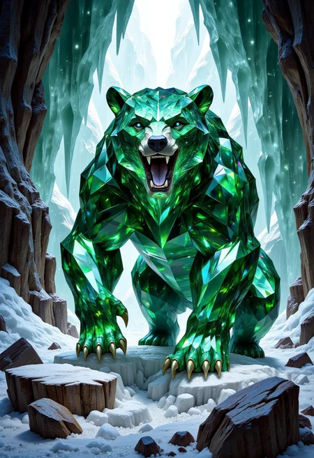 a crystalline bear made of cut green emeralds and blue diamond gemstones with subsurface scattering and light transmission, with a small head, in a beastly stance, roaring shockwave with large crystal fangs, monstrous and colossal, jagged gemstone fur, inside an icy cave with greenish ice stalactites